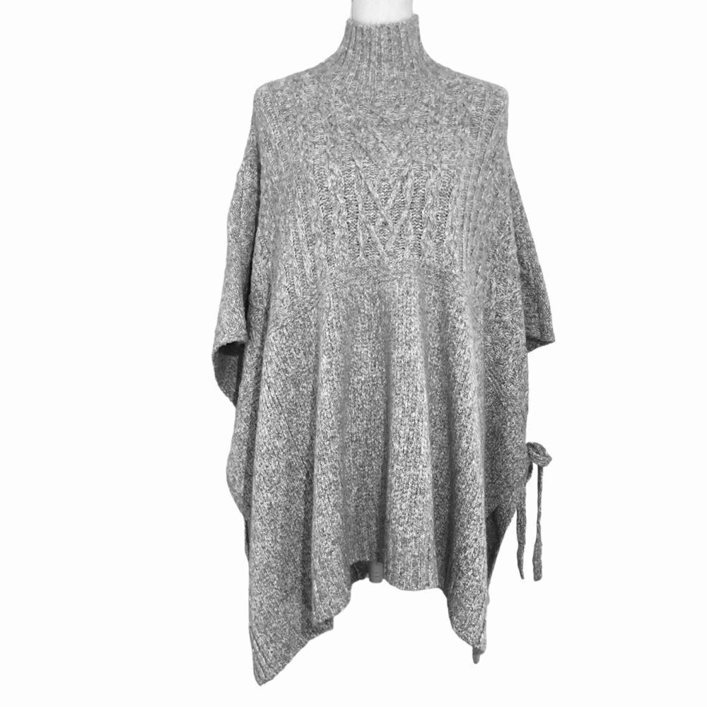 Ugg Cable Knit Poncho Sweater Cape Tie Sides Funnel Neck Grey Size Med/Large